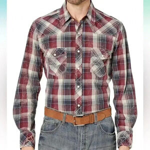 [M] Rock & Roll Cowboy Men's  Long Sleeve Red Plaid Western Snap Button Up Shirt